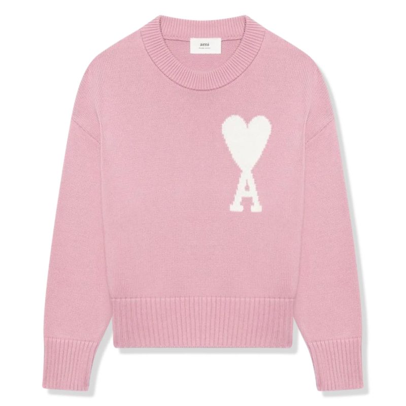 ami paris white ami de coeur logo intarsia pink sweatshirt e22uks003016659 front