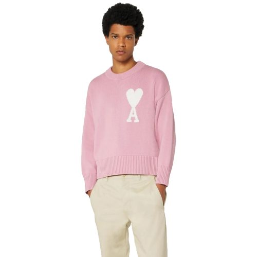 ami paris white ami de coeur logo intarsia pink sweatshirt e22uks003016659 model front