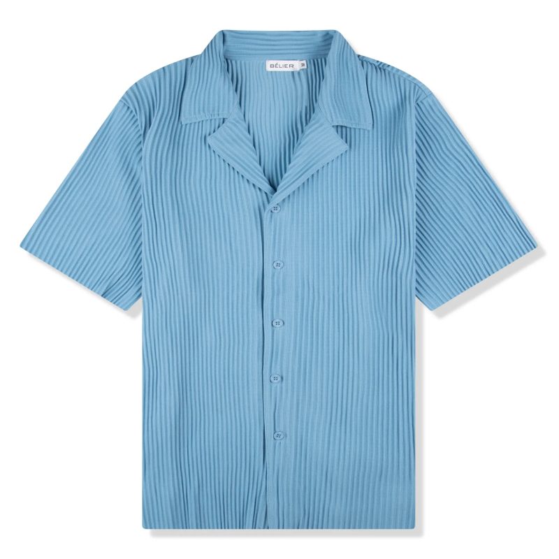 belier pleated short sleeve light blue resort shirt bm 073 front