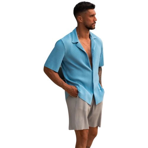 belier pleated short sleeve light blue resort shirt bm 073 front side detail