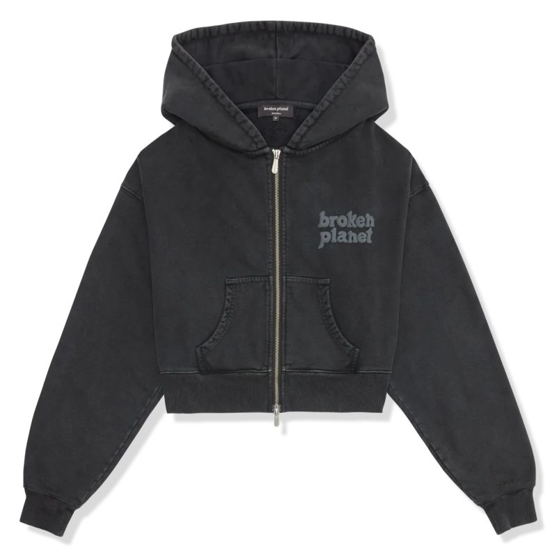 broken planet basics washed soot black cropped zip up hoodie front