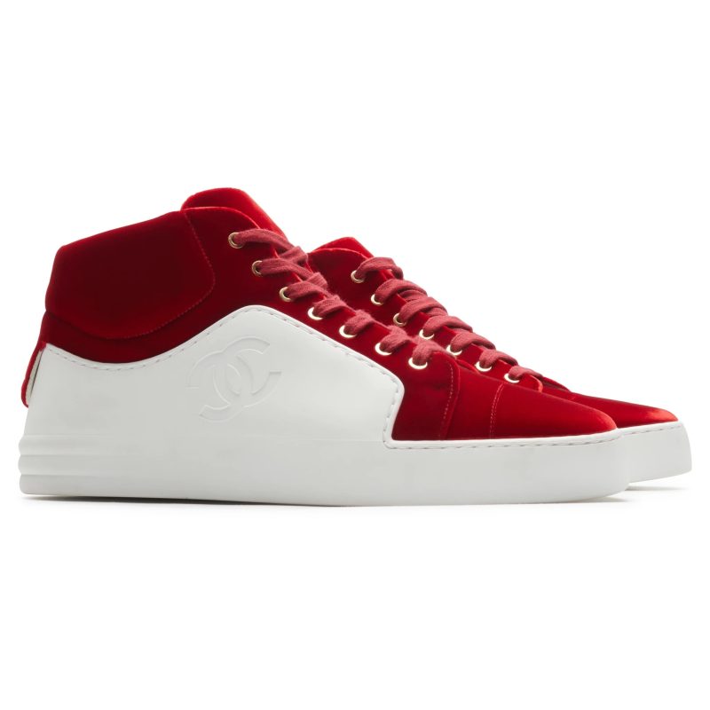 chanel cc high white red velvet sneaker preloved front side 1