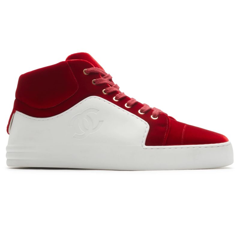 chanel cc high white red velvet sneaker preloved front side