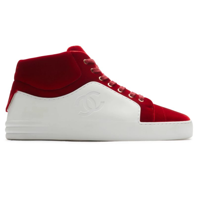 chanel cc high white red velvet sneaker preloved side