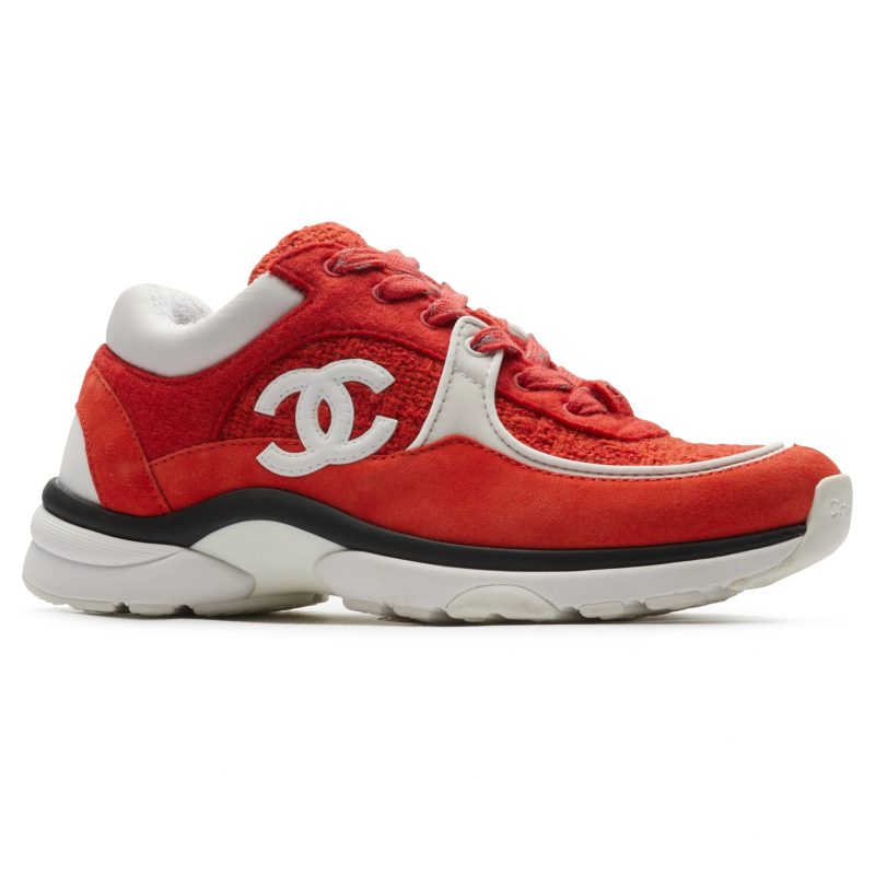 chanel cc logo suede red tweed sneaker front side