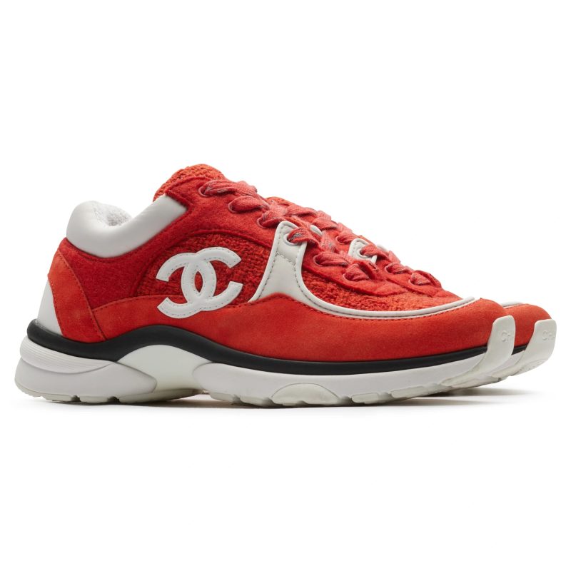 chanel cc logo suede red tweed sneaker front side1