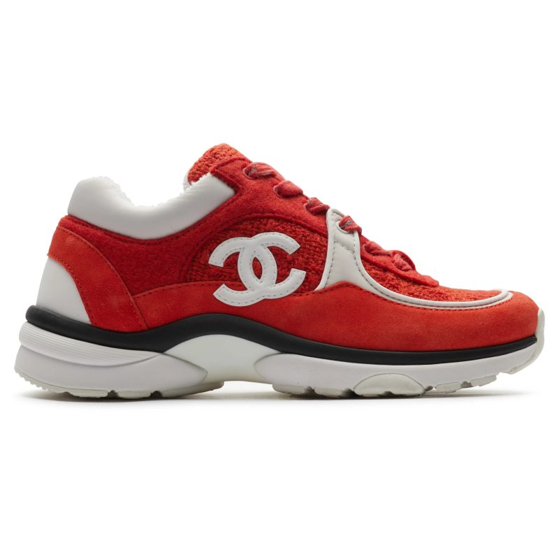 chanel cc logo suede red tweed sneaker side