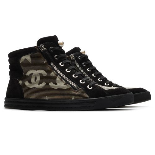 chanel cc star suede mesh black high sneaker preloved front side 1