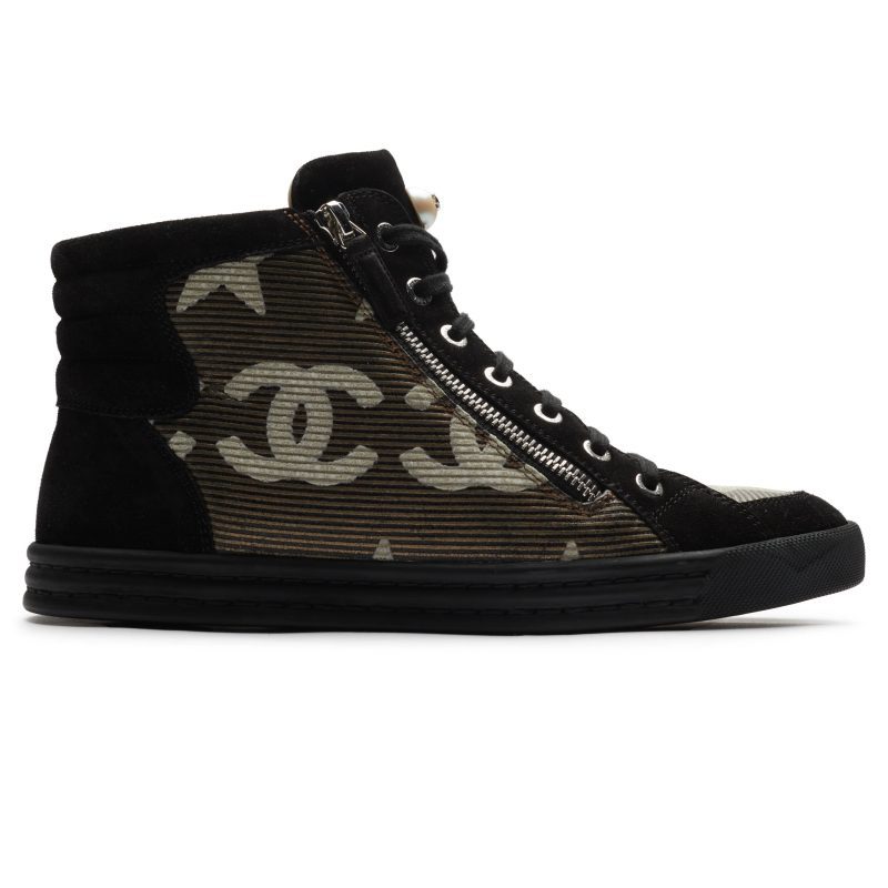 chanel cc star suede mesh black high sneaker preloved side