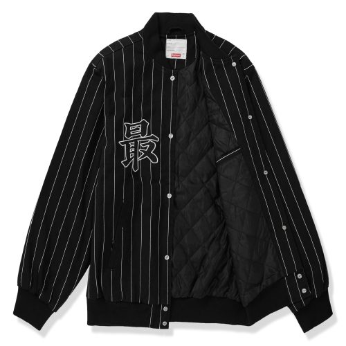 supreme pinstripe black varsity jacket crepslocker front open